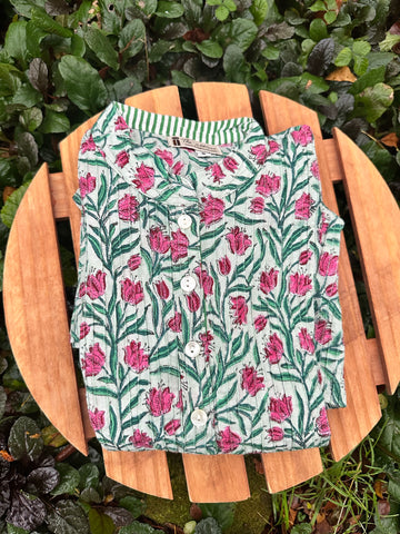Light Green Cotton Block Print Pintuck Top