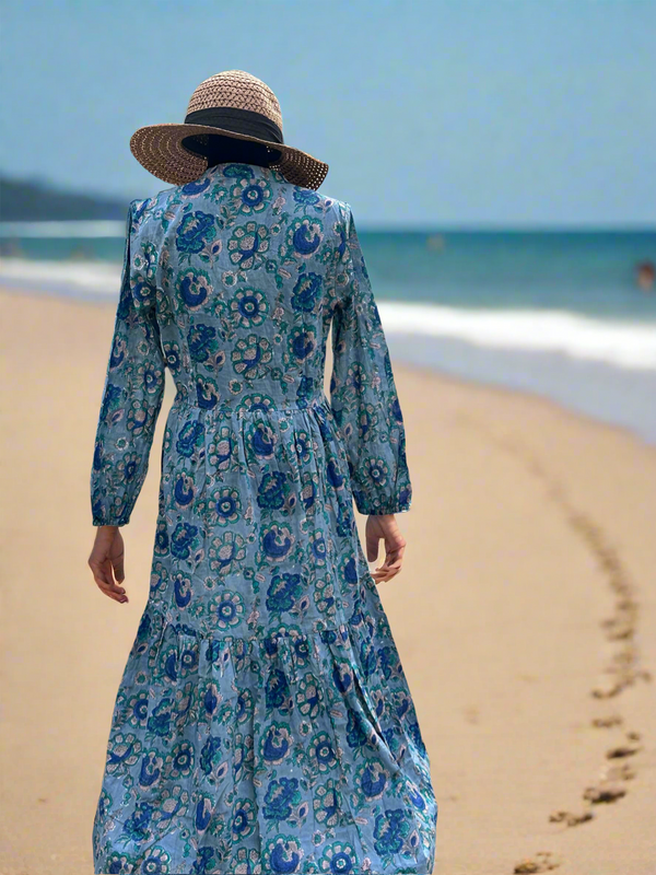 Blue and grey Cotton Block Print Duster/Maxi Dress.