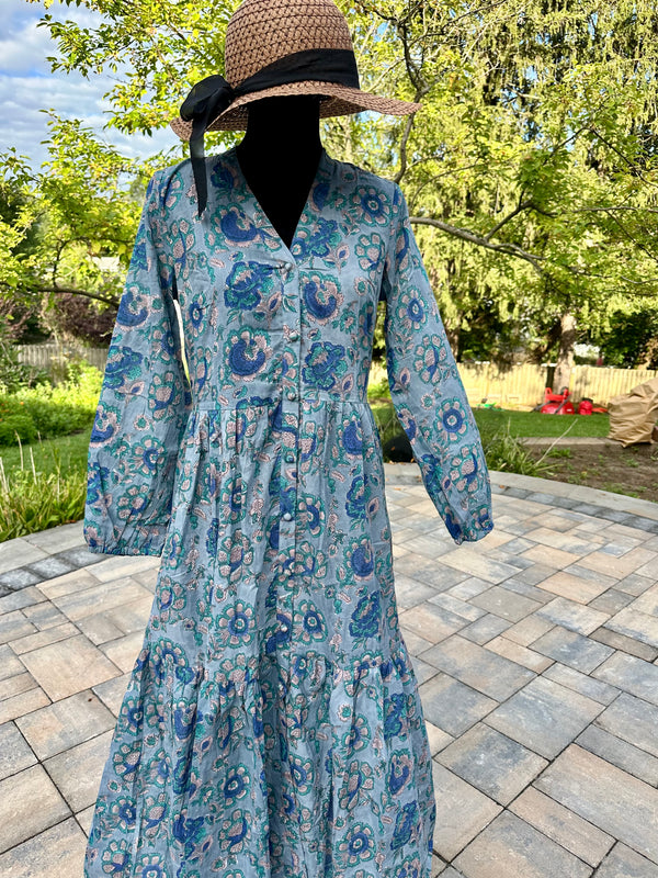 Blue and grey Cotton Block Print Duster/Maxi Dress.