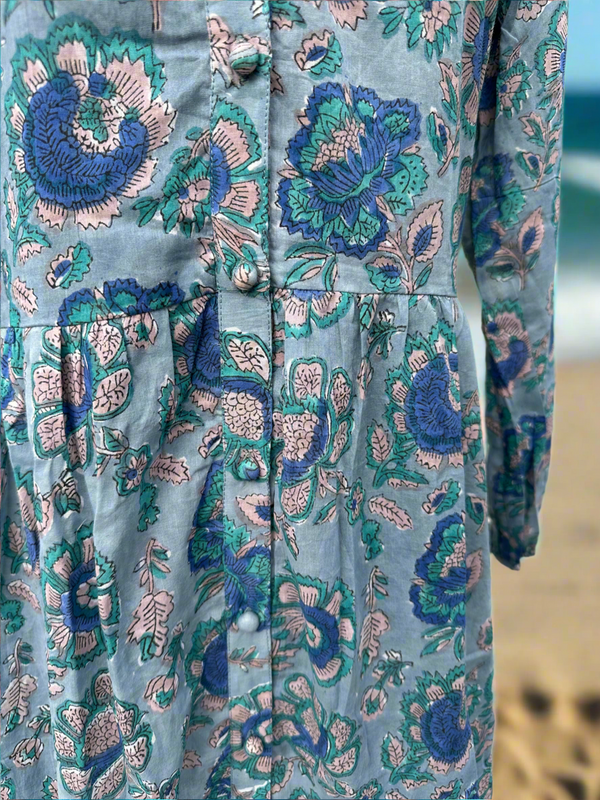 Blue and grey Cotton Block Print Duster/Maxi Dress.