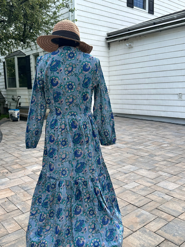 Blue and grey Cotton Block Print Duster/Maxi Dress.