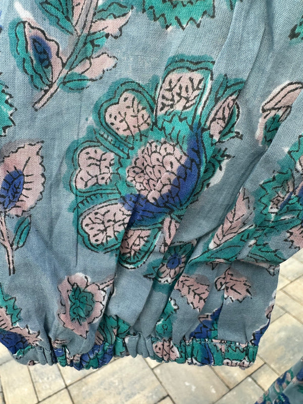 Blue and grey Cotton Block Print Duster/Maxi Dress.
