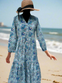 Blue and grey Cotton Block Print Duster/Maxi Dress.