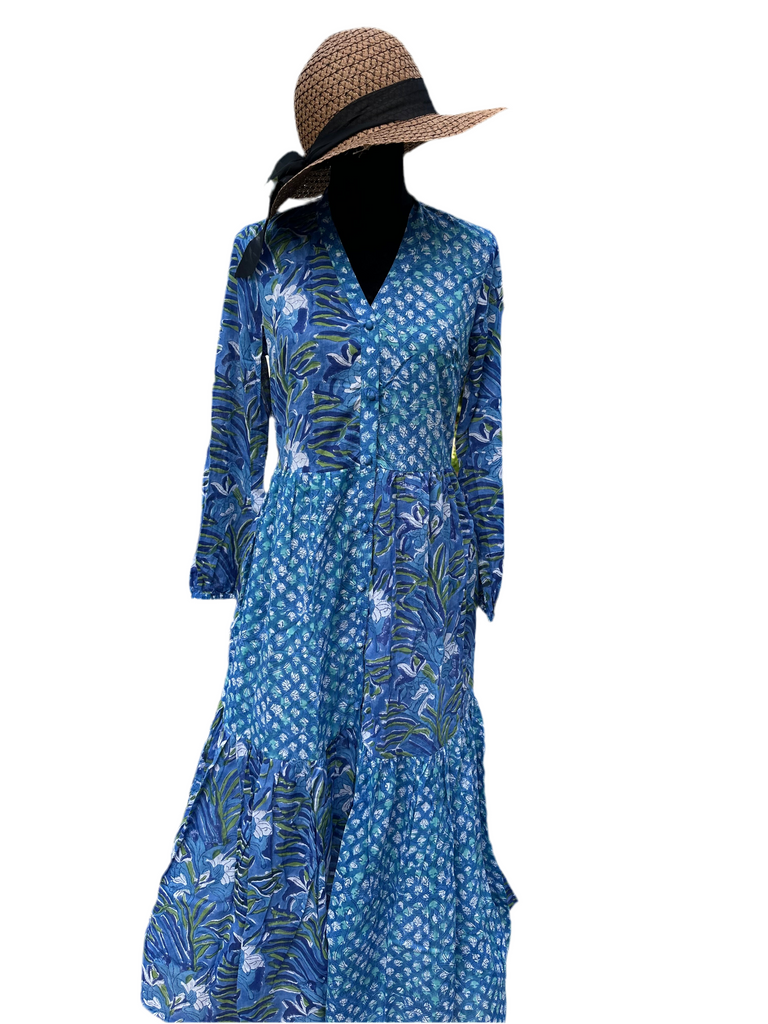 blue floral maxi dress long sleeve Blue and White floral Cotton Block Print Duster/Maxi Dress L/XL / Other