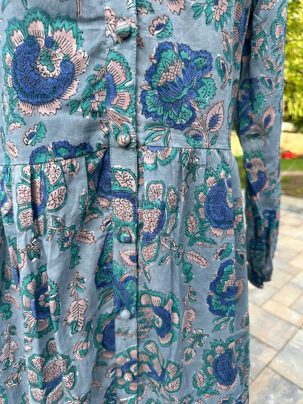 Blue and grey Cotton Block Print Duster/Maxi Dress.