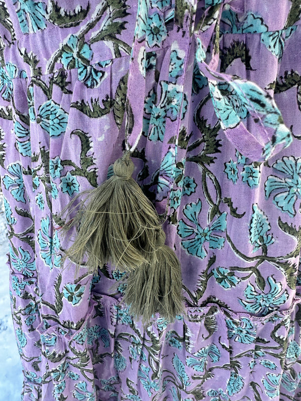 Lavender with blue Cotton Block Print Long/Maxi Dress.