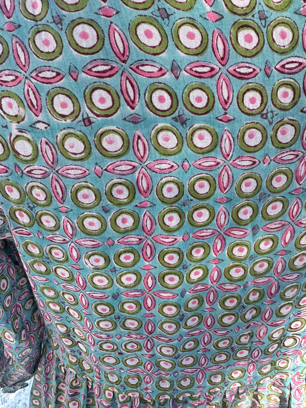 Blue with Pink Cotton Block Print Long/Maxi Dress.