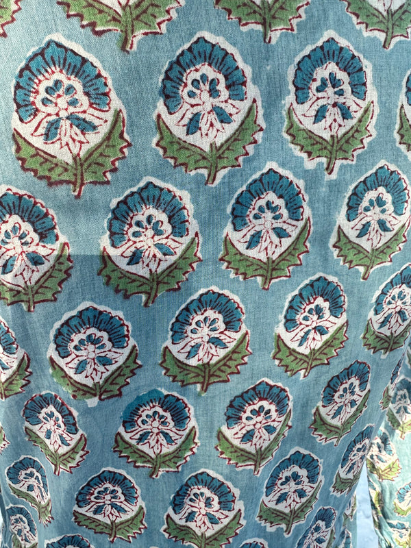 Blue Cotton Block Print Long/Maxi Dress.