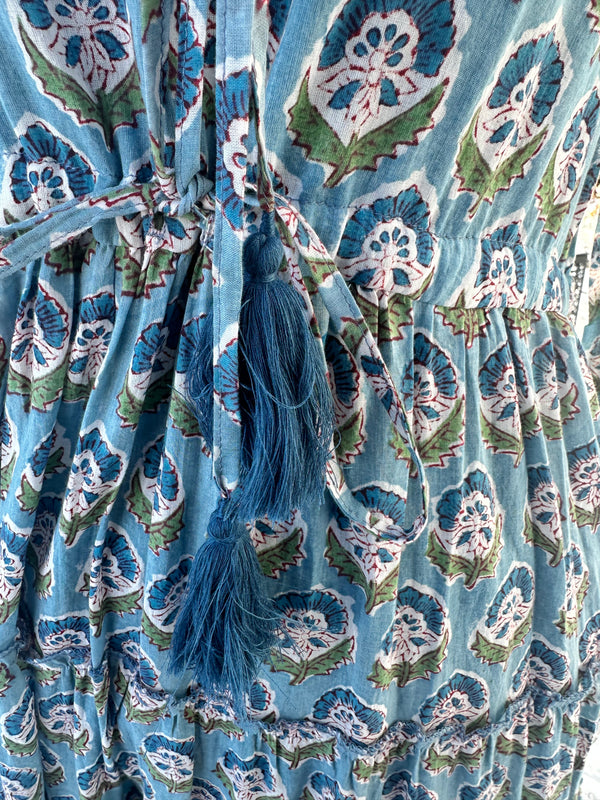 Blue Cotton Block Print Long/Maxi Dress.