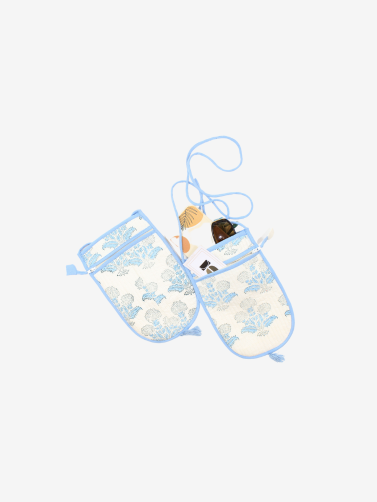 Mobile Sling Bag Cotton Hand-blocked Blue Floral Print