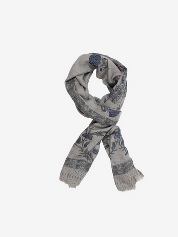 Cashmere Hand Block Blue Floral Motifs Scarf