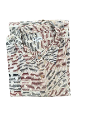 Cotton short sleeve hand block shirt-Beige and Red Geometric Print