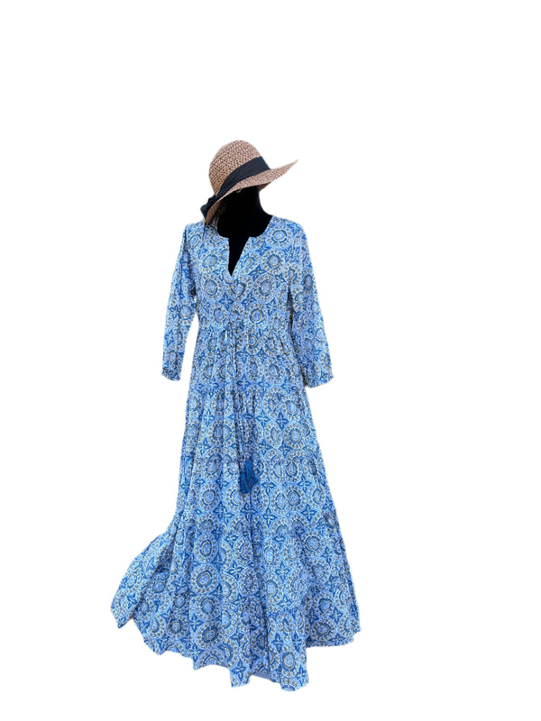Blue Maxi Block print dress with beautiful pattern and tassel detail that synches at the waist