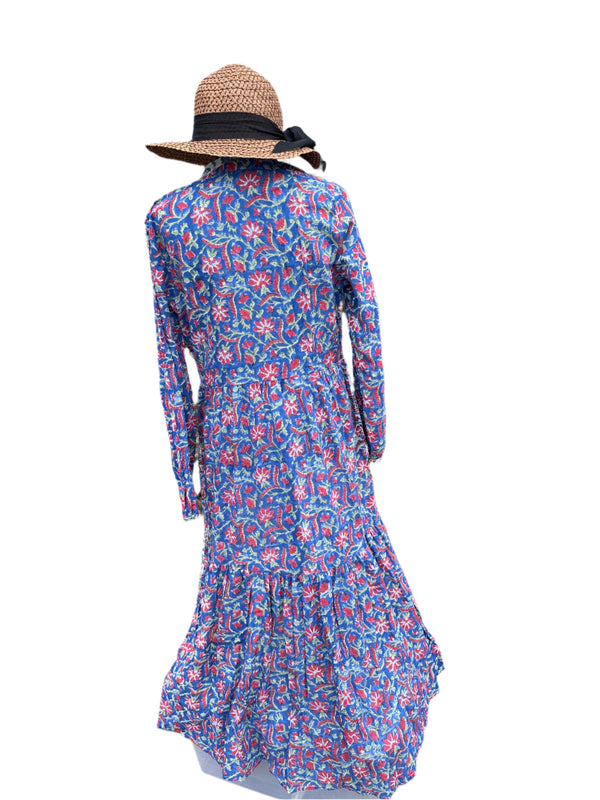 Blue Cotton Block Print Duster/Maxi Dress.