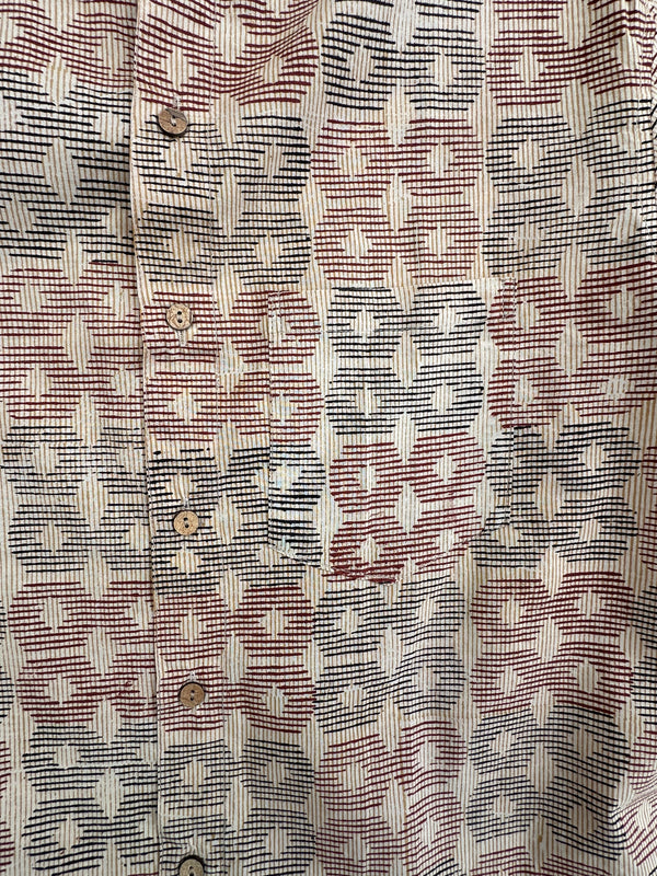 Cotton short sleeve hand block shirt-Beige and Red Geometric Print