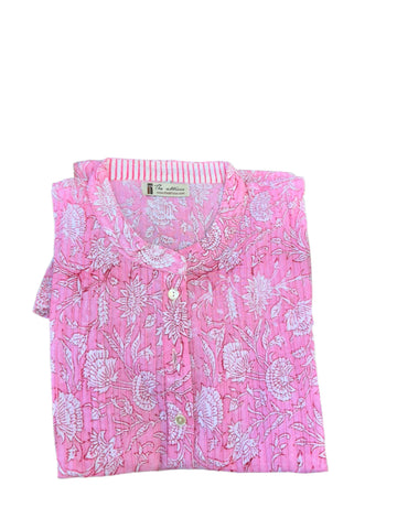 Pink Cotton Block Print Pintuck Top