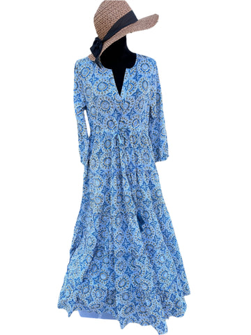Blue Cotton Block Print Long/Maxi Dress.