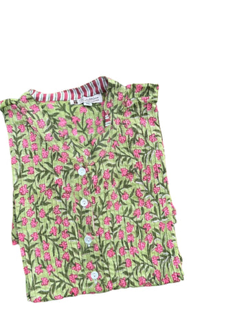 Green and Pink Cotton Block Print Pintuck Top