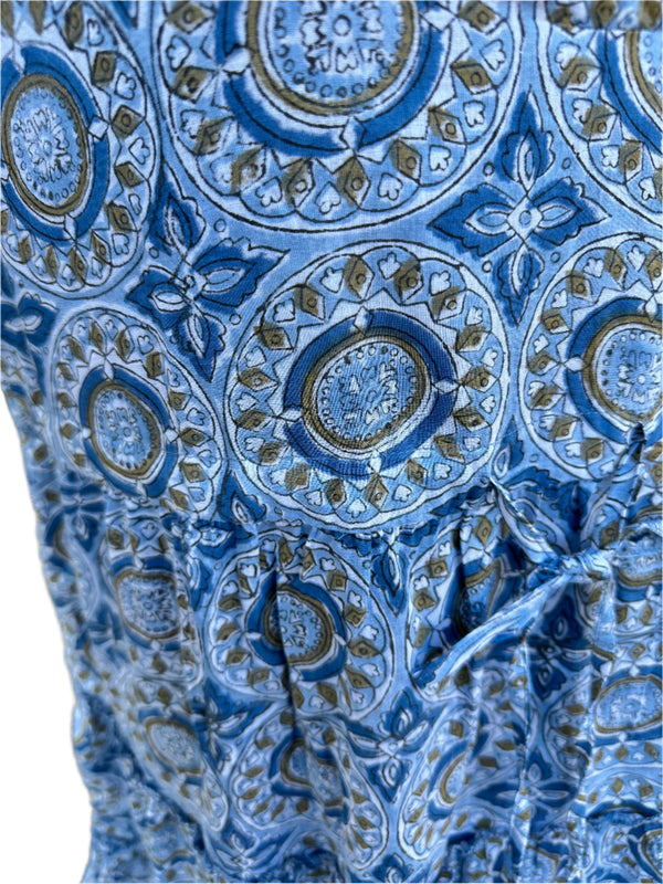 Close-up of the pattern featuring a blue background with blue circles accented by olive green details.