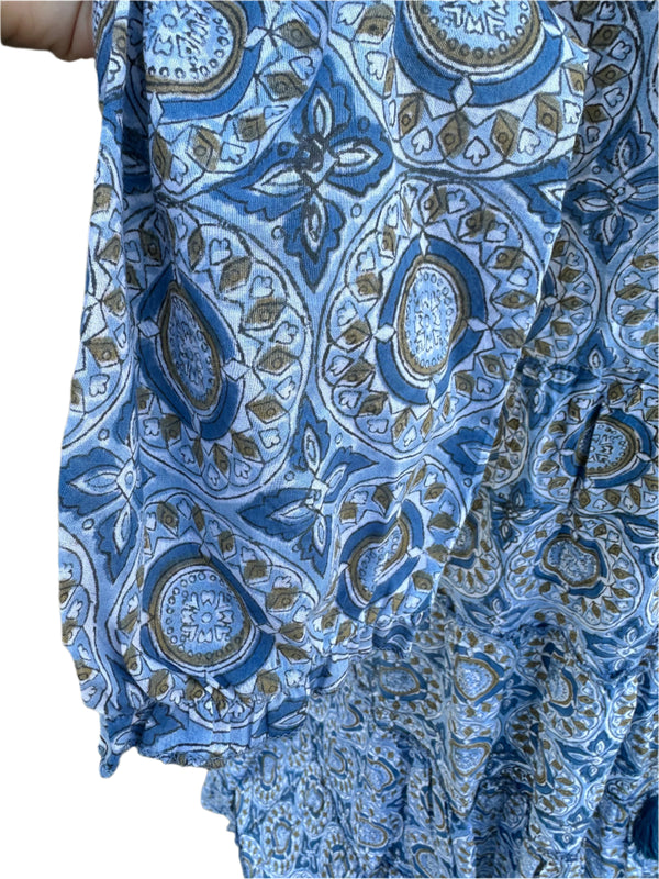 Close-up of the pattern featuring a blue background with blue circles accented by olive green details.