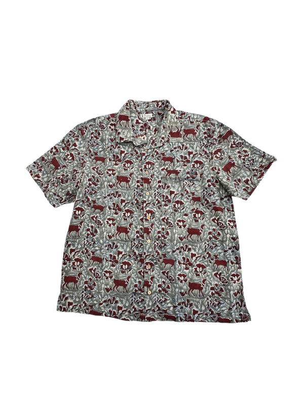 Handblock Print cotton button down with Deer print in deep maroon on a grey background