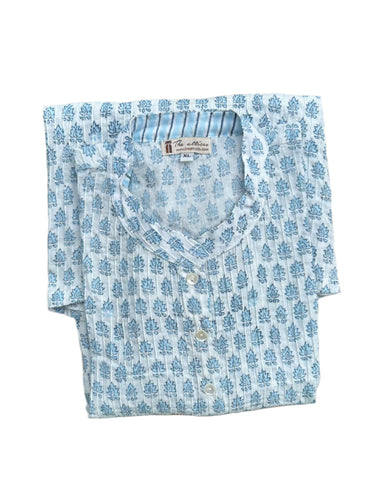 White and Blue Cotton Block Print Pintuck Top