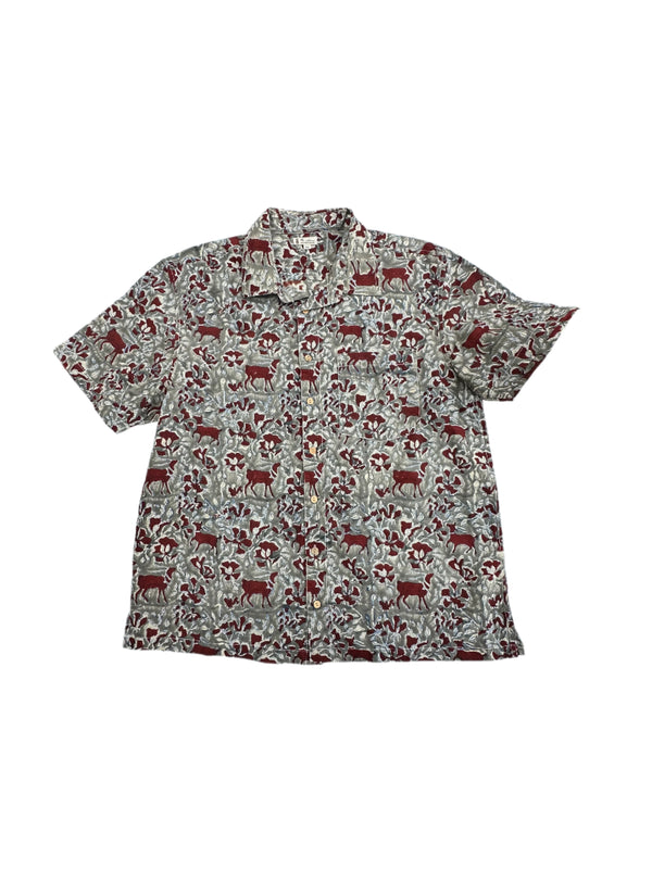 Handblock Print cotton button down with Deer print in deep maroon on a grey background