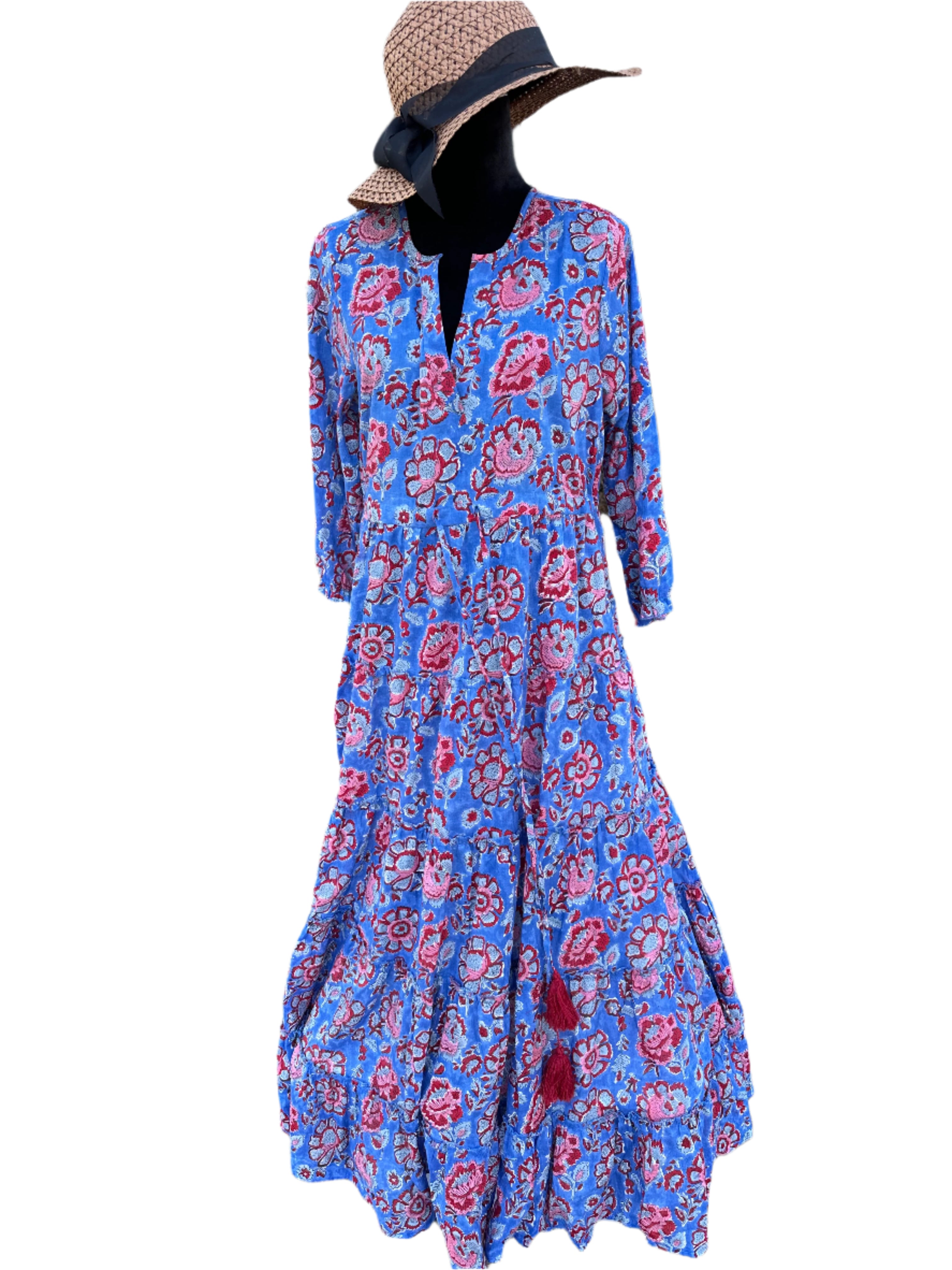 Three layered hand block print cotton dress with pink flowers on a blue base - with three quarter sleeves and has a synching waist style