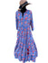 Three layered hand block print cotton dress with pink flowers on a blue base - with three quarter sleeves and has a synching waist style