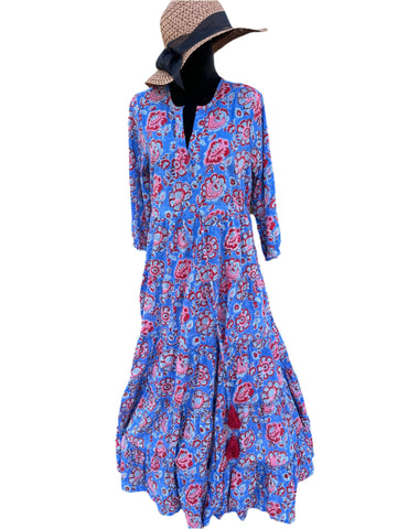 Blue and Pink Cotton Block Print Long Dress.