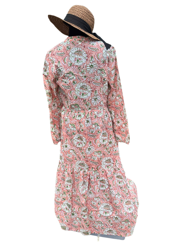 Peach floral dress back with white block print flowers