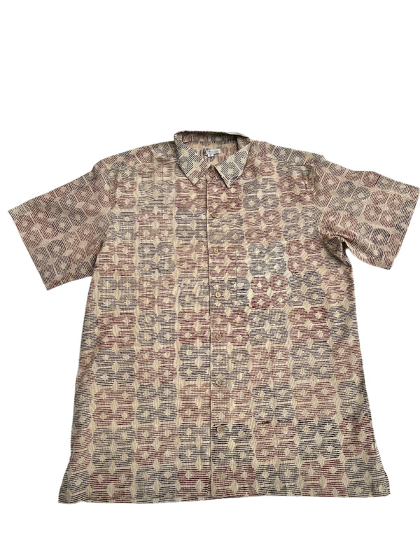 Button down block print shirt with black and red geometric pattern