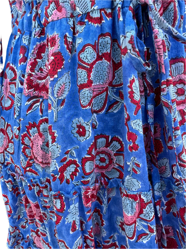 Close up of the pink and red flowers on blue dress