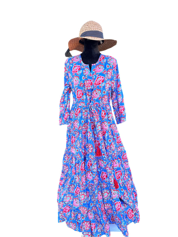 Blue and Pink Cotton Block Print Long Dress.