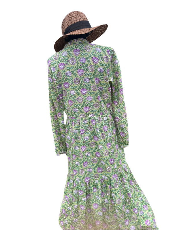 Block Print cotton duster dress back with green background ans purple flower detail