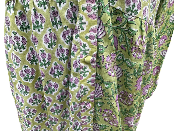 Block Print cotton duster dresswith green background ans purple flower detail on handmade button