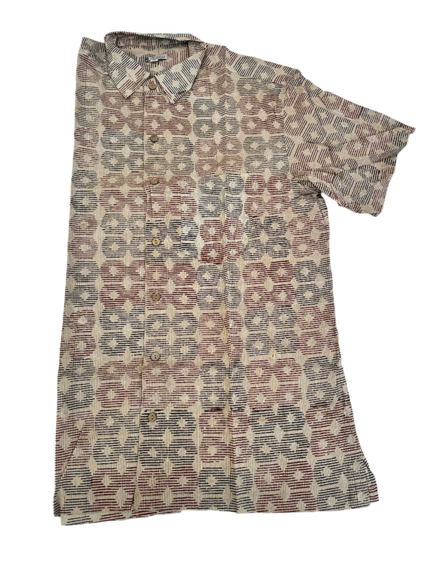Cotton short sleeve hand block shirt-Beige and Red Geometric Print