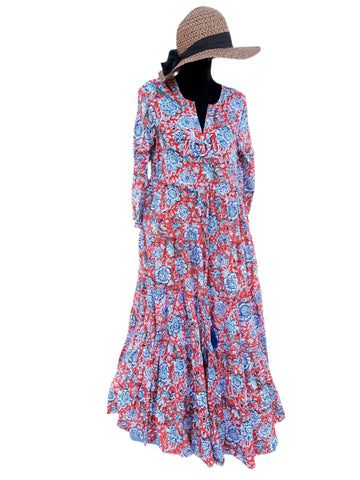 Orange Cotton Block Print Long/Maxi Dress.