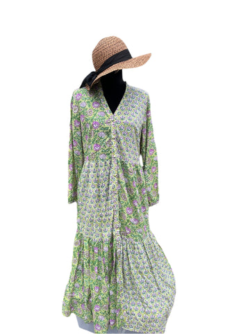 Pastel Green floral Cotton Block Print Duster/Maxi Dress