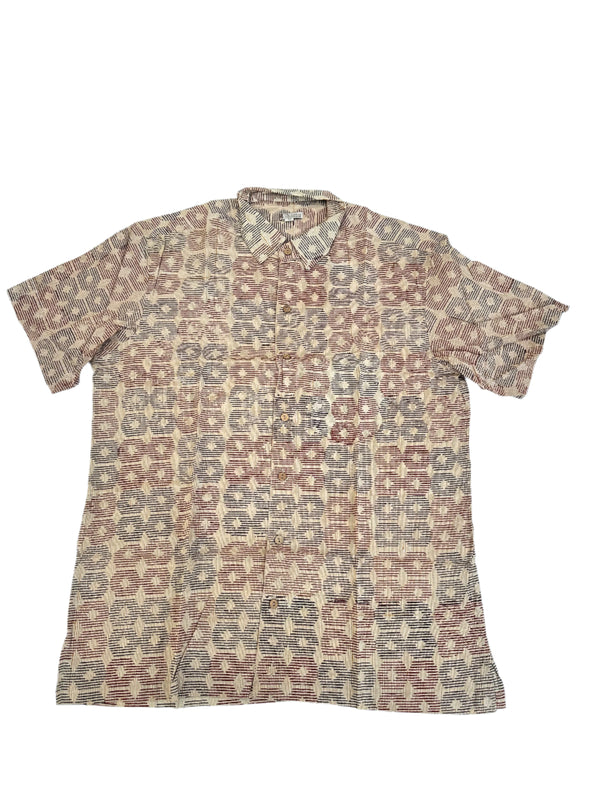 Handblock print button down -beige background with black and red geometric pattern