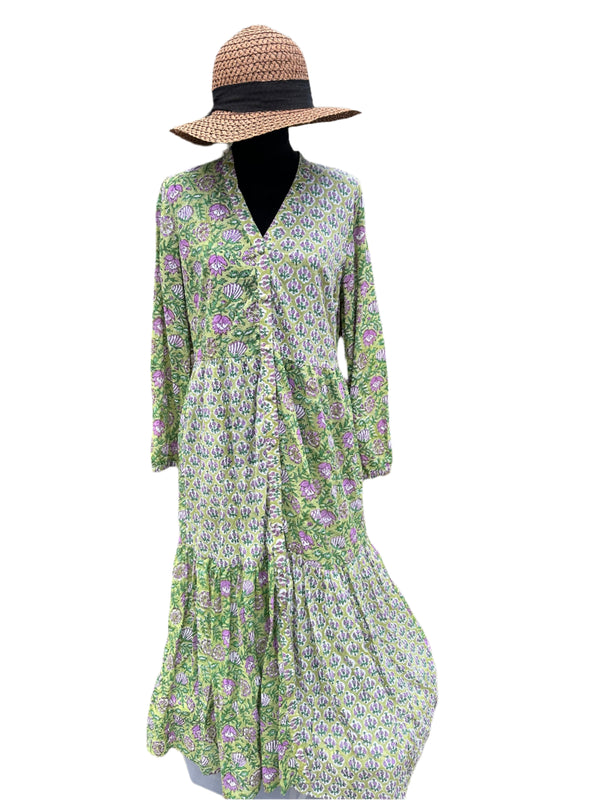Block Print cotton duster dress back with green background and purple flower detail