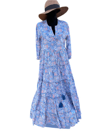 Blue with Orange Cotton Block Print Long/Maxi Dress.