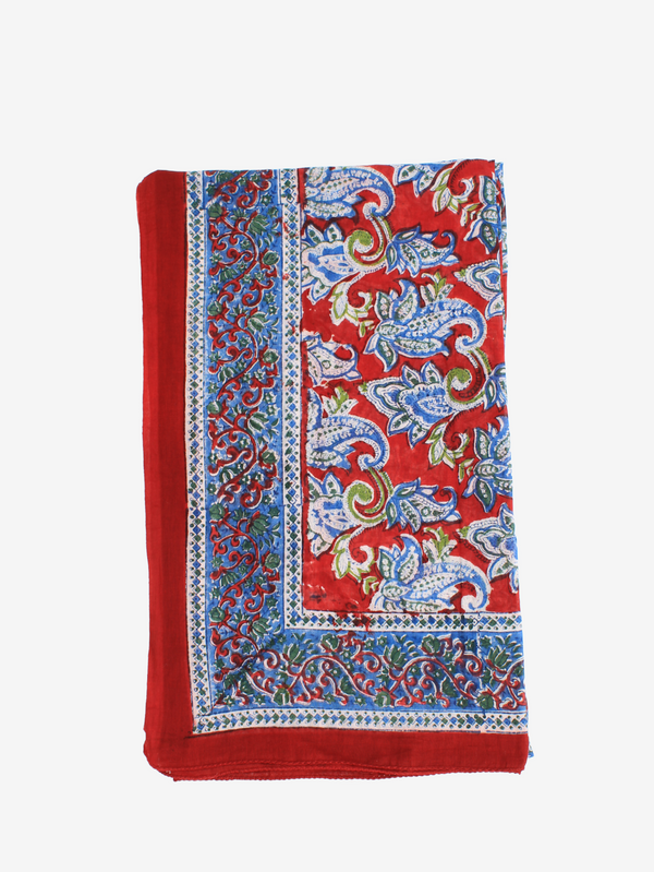 Handmade Block Print Sarong/Scarf Floral Red and Blue