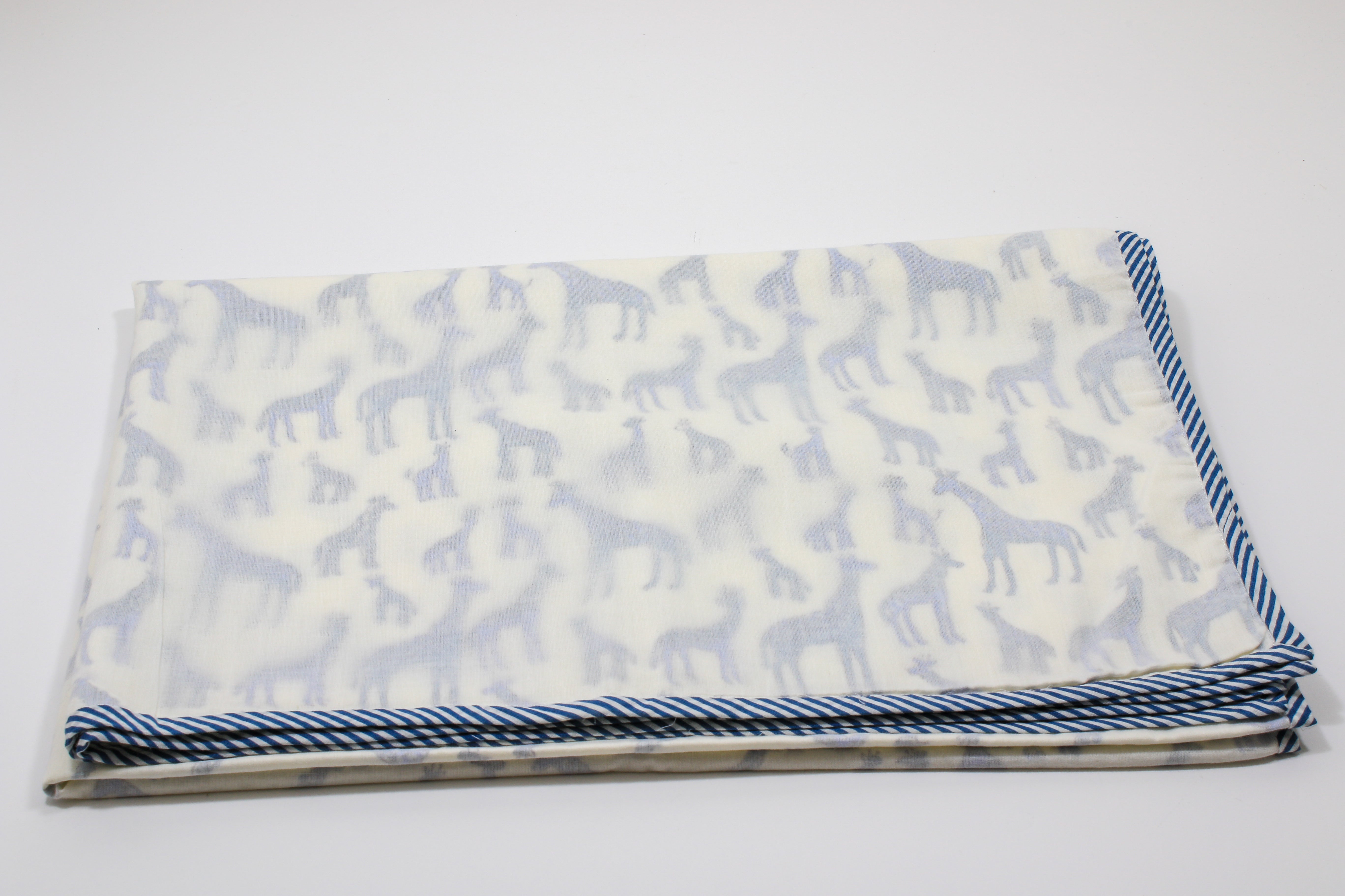 Soft cotton hand-block Giraffe print baby blanket with blue border