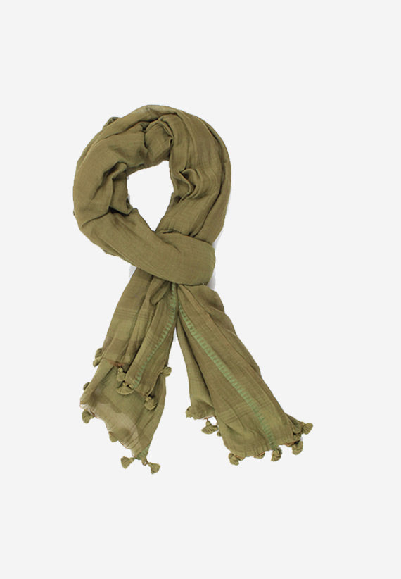 Soft handspun large  cotton scarf in olive green with hand tied pompom tassels.