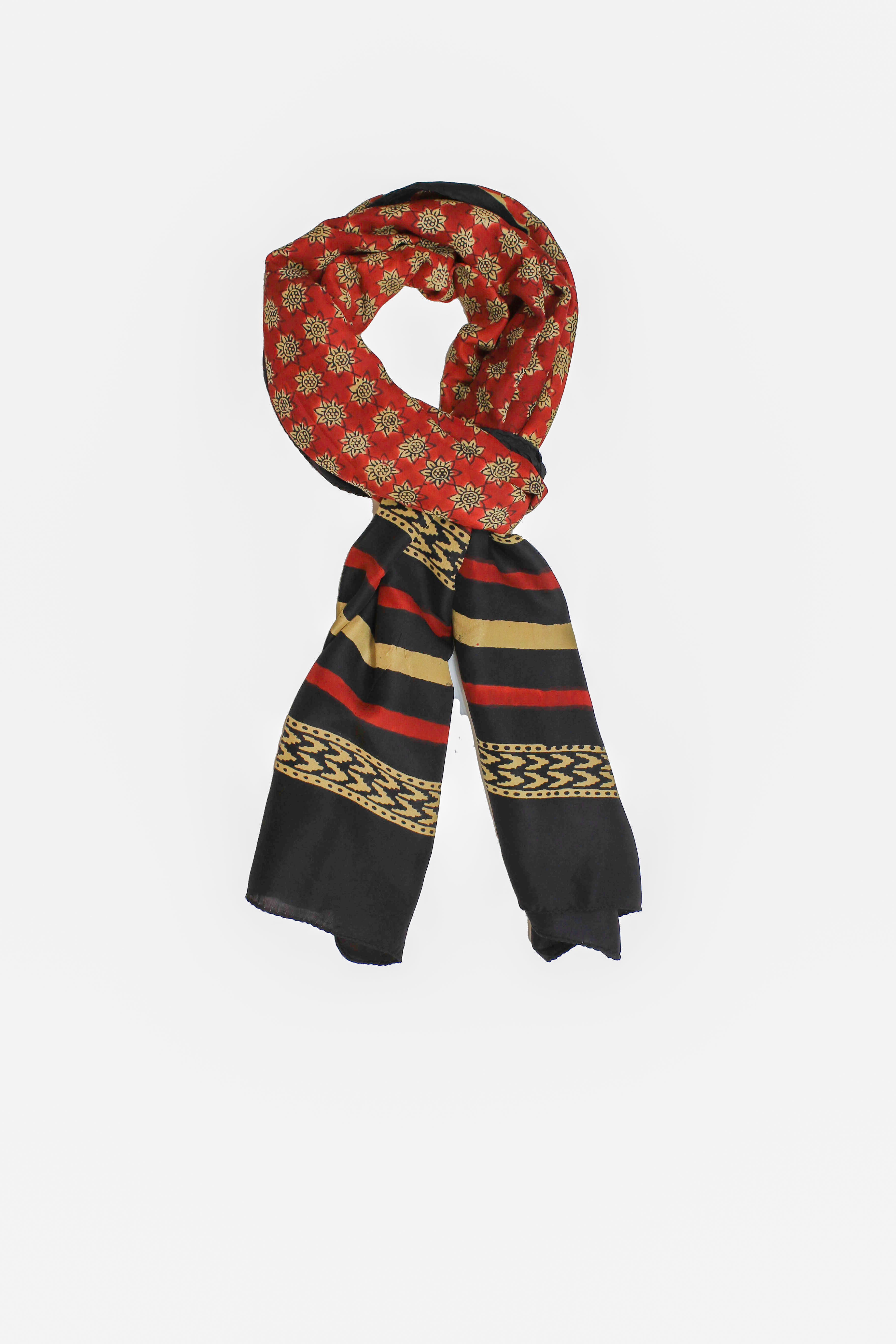Unique hand block floral print silk scarf in deep red with a stripped  border made with natural dyes.
