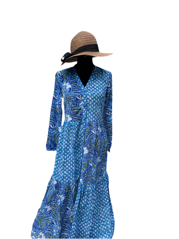 Blue and White floral Cotton Block Print Duster/Maxi Dress