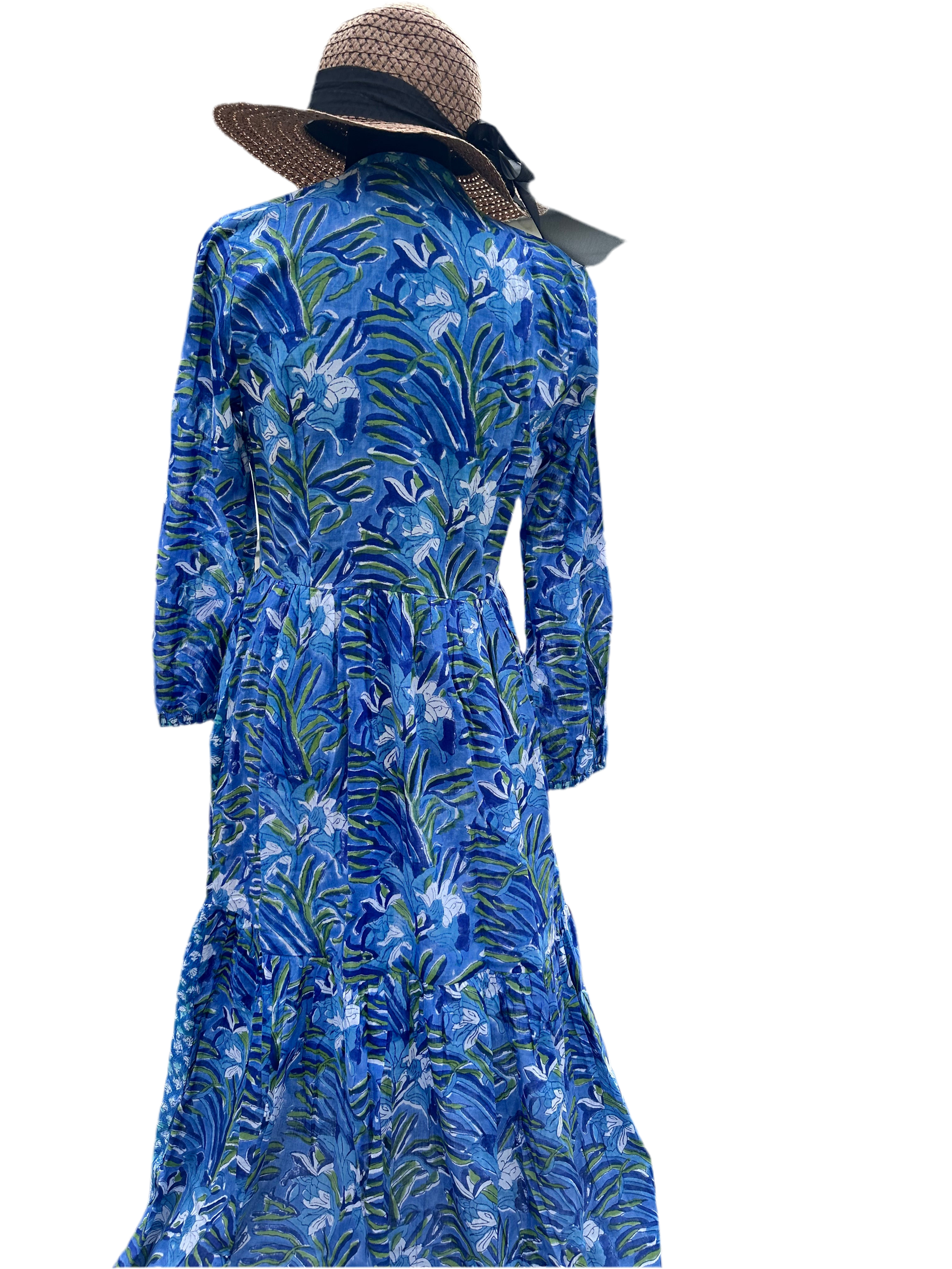 Blue and White floral Cotton Block Print Duster/Maxi Dress L/XL / Other Blue and White floral Cotton Block Print Duster/Maxi Dress L/XL / Other