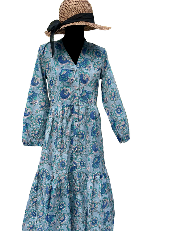 Blue and grey Cotton Block Print Duster/Maxi Dress.