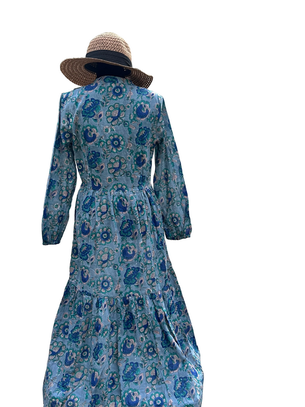Blue and grey Cotton Block Print Duster/Maxi Dress.